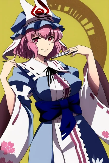 saigyouji yuyuko, 1girl, breasts, floral print, hand fan, hat, holding, holding fan, japanese clothes, large breasts, looking at viewer, mob cap, pink eyes, pink hair, puffy sleeves, smile, solo, traditional media, triangular headpiece, wide sleeves, 
masterpiece, best quality, very aesthetic, absurdres, pixiv, anime coloring
