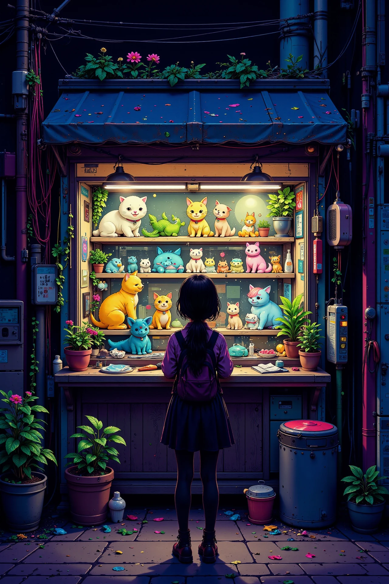 a pet shop, bright luminous night, woman, very intricate, very detailed, sharp, bright, colorful, <lora:Hand v2:0.5> <lora:Anti-Blur:1><lora:Insane Detail Slider:0.25>  <lora:flux.1_lora_flyway_Epic-detail_v2:0.3> <lora:fluxenhancer:0.25><lora:ck-Neon-Retrowave:0.4> ck-rw, in the style of ck-rw,  <lora:Neurocore Anime Cyberpunk:0.8> A digital artwork in the style of cknc