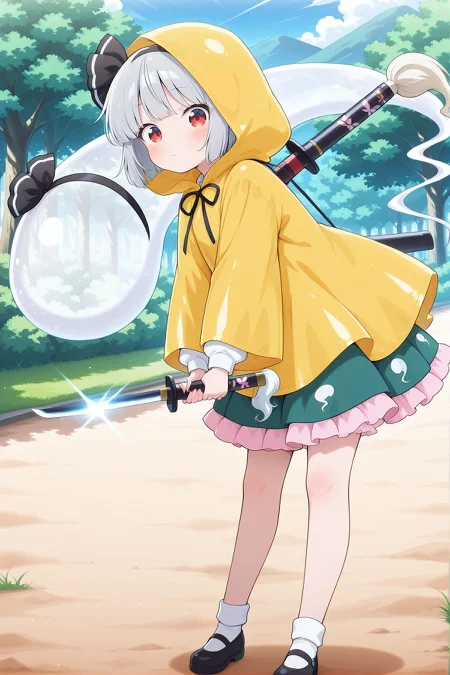 absurdres, highres, masterpiece, best quality, amazing quality, official anime artwork, screencap, anime screencap, outdoors, looking at viewer, dynamic pose, 
 <lora:Youmu-Konpaku_IllustriousV2:1> konpaku youmu, 1girl, solo, red eyes, grey hair, short hair,, konpaku youmu \(scarlet\), aged down, black hairband, hood up, yellow raincoat, long sleeves, green skirt, frilled skirt, pink frills, black shoes, katana, sword on back, short sword, unsheathed, two-handed, wakizashi, ghost,