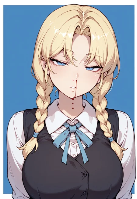 masterpiece, best quality, amazing quality, 1girl, solo
braid,breasts,collared shirt,curtained hair,half-closed eyes,long hair,looking at viewer,neck ribbon,no headwear,nosebleed,parted lips,ribbon,shirt,simple background,twin braids,vest,white border, blue background,