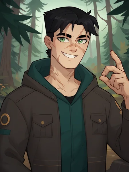 portrait of tom_DVC man, black hair, green eyes, jacket, scar, scar on face, smiling, forest background <lora:Tom_Disventure_Camp:.7>, score_9, score_8_up, score_7_up, <lora:Smooth Anime 2 Style SDXL_LoRA_Pony Diffusion V6 XL:.3> <lora:add-detail-xl:.8> zPDXL3,