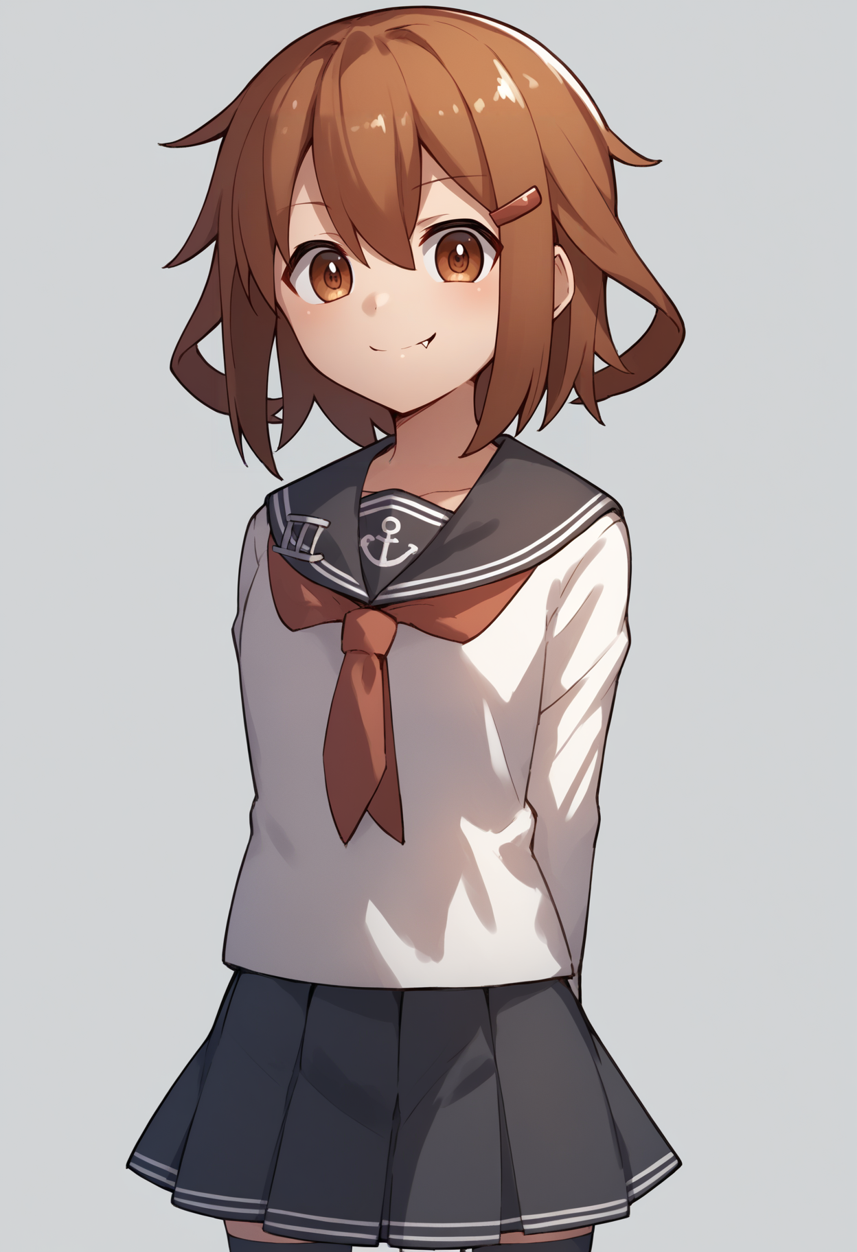 score_9, score_8_up, score_7_up, score_6_up, score_5_up, score_4_up, BREAK, source_anime,
1girl, ikazuchi \(kancolle\), brown hair, short hair, brown eyes, hairclip, fang,
anchor symbol, black sailor collar, long sleeves, neckerchief, school uniform, serafuku, pleated skirt, thighhighs,
hands behind back, smile, upper body, looking at viewer, solo, simple background, white background    <lora:IkazuchiXL:1>