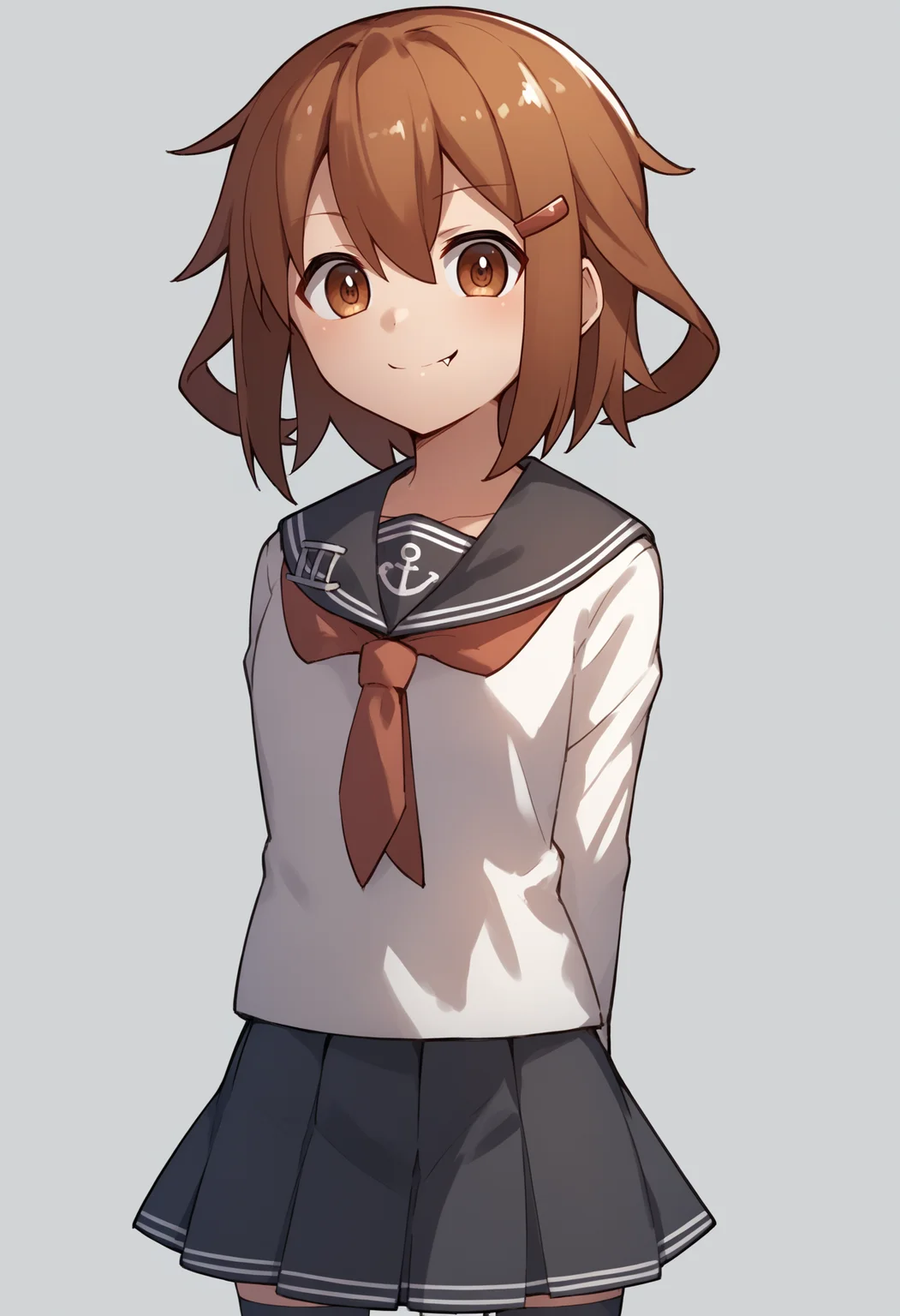 score_9, score_8_up, score_7_up, score_6_up, score_5_up, score_4_up, BREAK, source_anime,
1girl, ikazuchi \(kancolle\), brown hair, short hair, brown eyes, hairclip, fang,
anchor symbol, black sailor collar, long sleeves, neckerchief, school uniform, serafuku, pleated skirt, thighhighs,
hands behind back, smile, upper body, looking at viewer, solo, simple background, white background    <lora:IkazuchiXL:1>