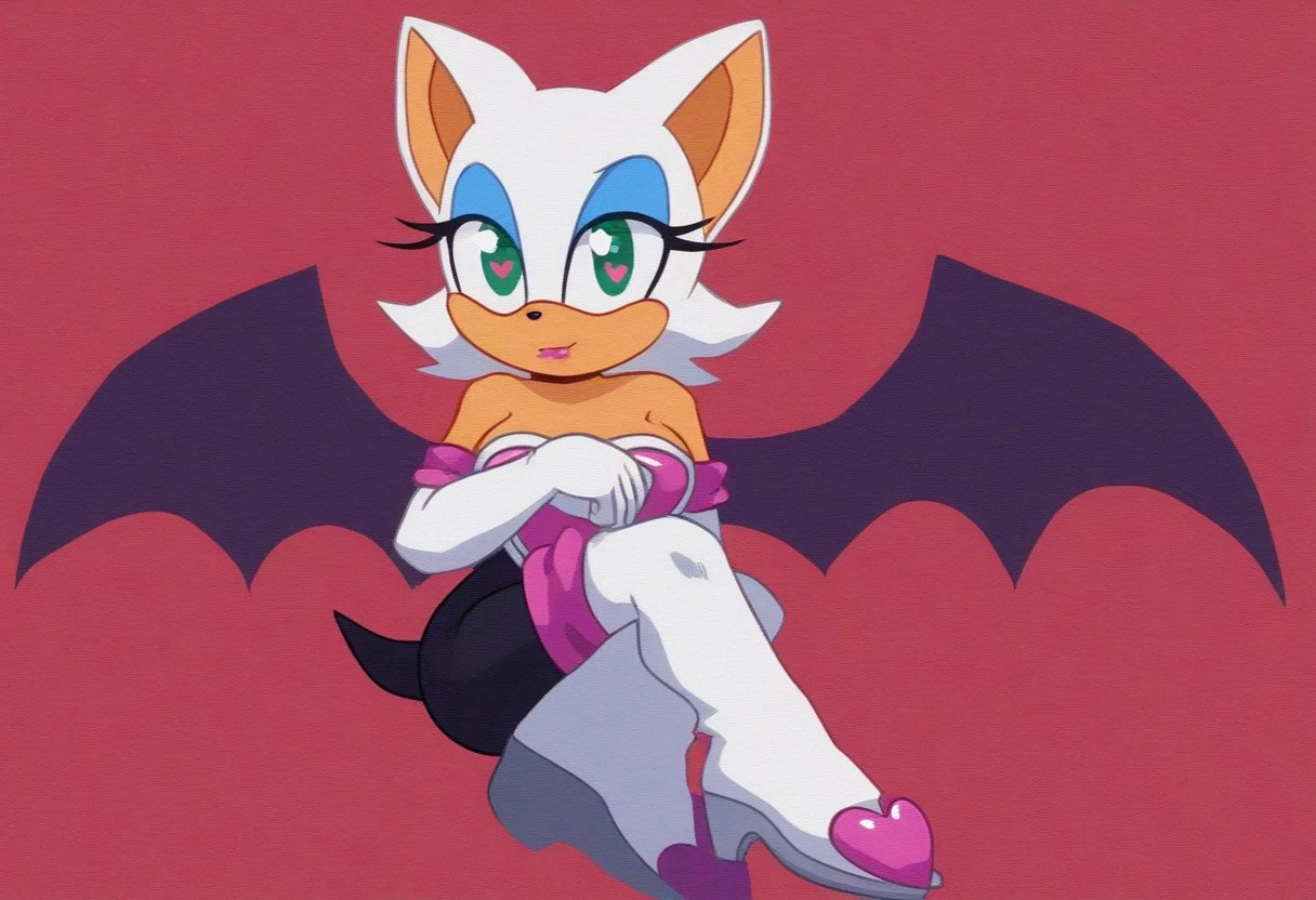 look to viewer, heart floating, heart-shaped pupils, aroused, heart eyes, Valentine's day themed, red background, rouge, animal ears, bat ears, bat girl, bat tail, bat wings, eyeliner, furry, furry female, green eyes, makeup, tail, white hair, wings, eyeshadow,, bare shoulders, boots, elbow gloves, gloves, heart, knee boots, white footwear, white gloves