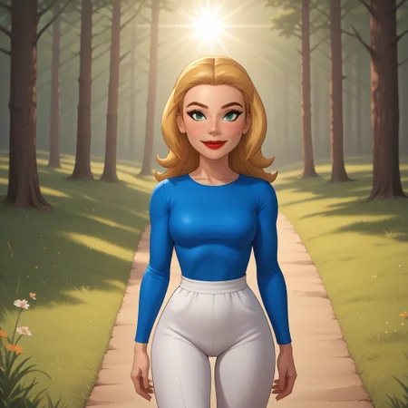 score_9, score_8, BREAK, solo, mii, wii, wii sports, 1girl, female mii, cute, attractive, blonde hair, auburn eyebrows, makeup, blush, blue eyeshadow, red lips, lipstick, dark blue clothing, white pants, shoes, breasts, nintendo mii, modern_mii, classic_mii, Bella_(OC_Mii), green eyes, sexy pose, smile, outdoors, sunlight, shadows, evening lighting, natural lighting, forest, trees, grass, orange sky, sunset, full body