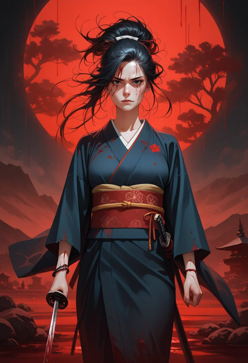 masterpiece, best quality, amazing quality, very aesthetic, absurdres, newest, realistic,
tori gate, mountains, kimono, mist, 1girl, mature female, long hair, black hair, black eyes, katana, serious, sakura trees, rising sun, red, white, scars, two bleeding wounds, two bracelets, looking at viewer, asian, blood stains, blood, blood covered, nuclear blast, drawn sword, bloody hair, bloody clothes, windswept hair, motion, motion lines, dynamic, <lora:PulenKompot-NEQMA_Style-IL:1> neqma3