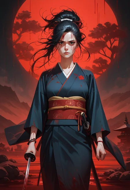 masterpiece, best quality, amazing quality, very aesthetic, absurdres, newest, realistic,
tori gate, mountains, kimono, mist, 1girl, mature female, long hair, black hair, black eyes, katana, serious, sakura trees, rising sun, red, white, scars, two bleeding wounds, two bracelets, looking at viewer, asian, blood stains, blood, blood covered, nuclear blast, drawn sword, bloody hair, bloody clothes, windswept hair, motion, motion lines, dynamic, <lora:PulenKompot-NEQMA_Style-IL:1> neqma3