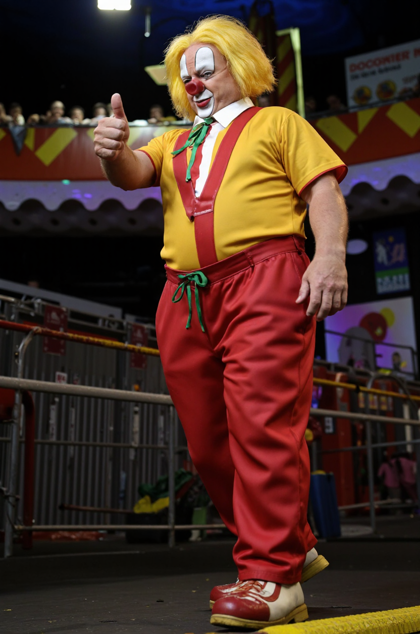 professional 3d model Street Fighter style pixelated screenshot of <lora:Bassie:1.4> Bassie the clown, fighting stance, . vibrant, dynamic, arcade, 2D fighting game, highly detailed, reminiscent of Street Fighter series . octane render, highly detailed, volumetric, dramatic lighting