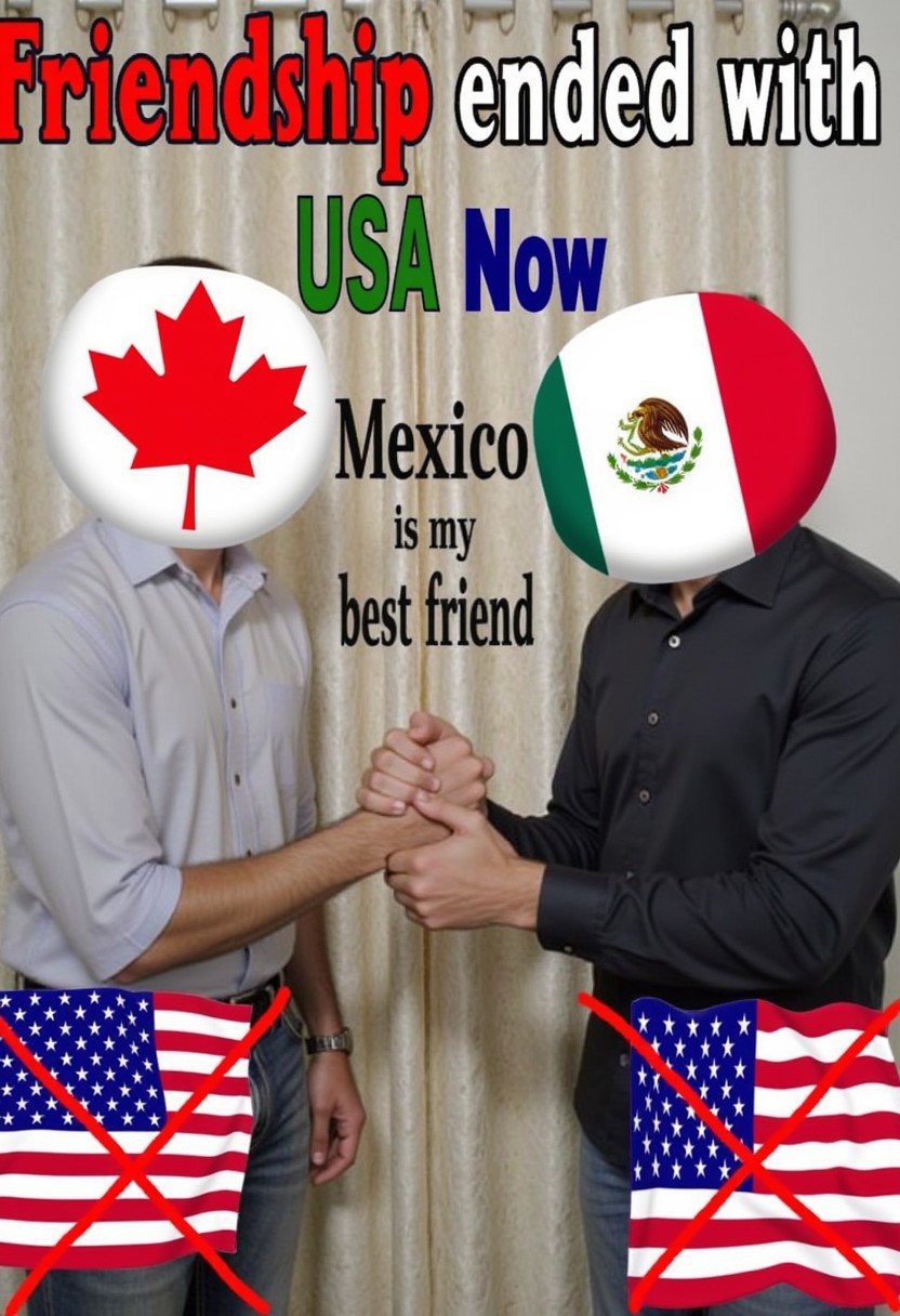 The image is a digitally manipulated photograph featuring man with the Canada flag for a head and a man with a Mexico flag for a head standing in front of a beige curtain with a subtle floral pattern. The characters are holding hands, suggesting a friendly gesture. The background is a simple, dimly lit room with a curtain that appears to be made of a light, silky material.
The image is overlaid with text in bold, colorful letters. The top text reads "Friendship ended with USA, Now" in red and white. Below this, the text "Mexico is my best friend" is written in black, with the word "friend" highlighted in a bright, vibrant red. 
In the bottom corners of the image, there are photos of the USA Flag, crossed with red diagonal lines, indicating a break or end of a relationship.