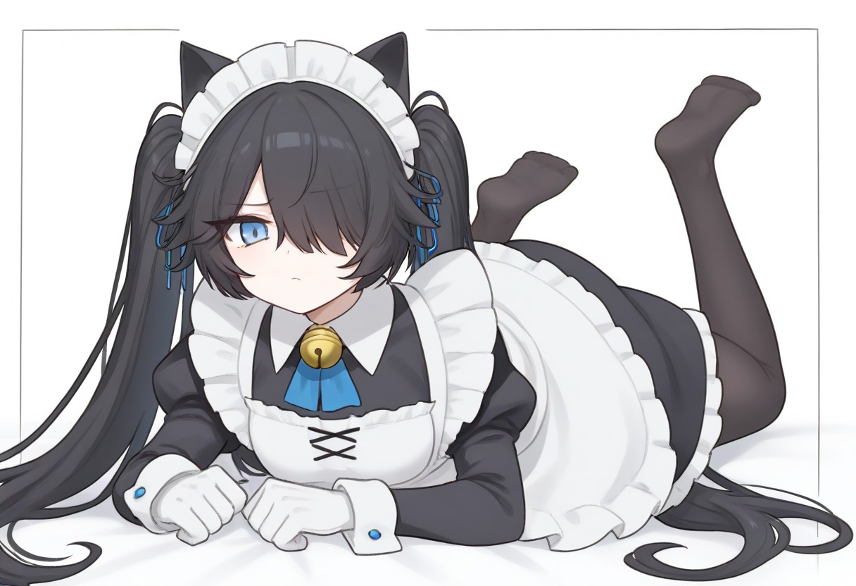 (Maid-kasli), solo, white gloves, dress, hair over one eye, maid apron, blue eyes, twintails, cat ears, maid headdress, maid, gloves, 1girl, apron, juliet sleeves, long sleeves, long hair, black hair, animal ears, bell,(Fall down),