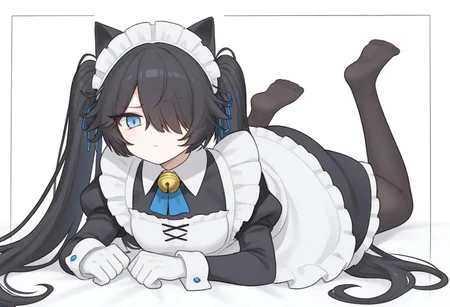 (Maid-kasli), solo, white gloves, dress, hair over one eye, maid apron, blue eyes, twintails, cat ears, maid headdress, maid, gloves, 1girl, apron, juliet sleeves, long sleeves, long hair, black hair, animal ears, bell,(Fall down),