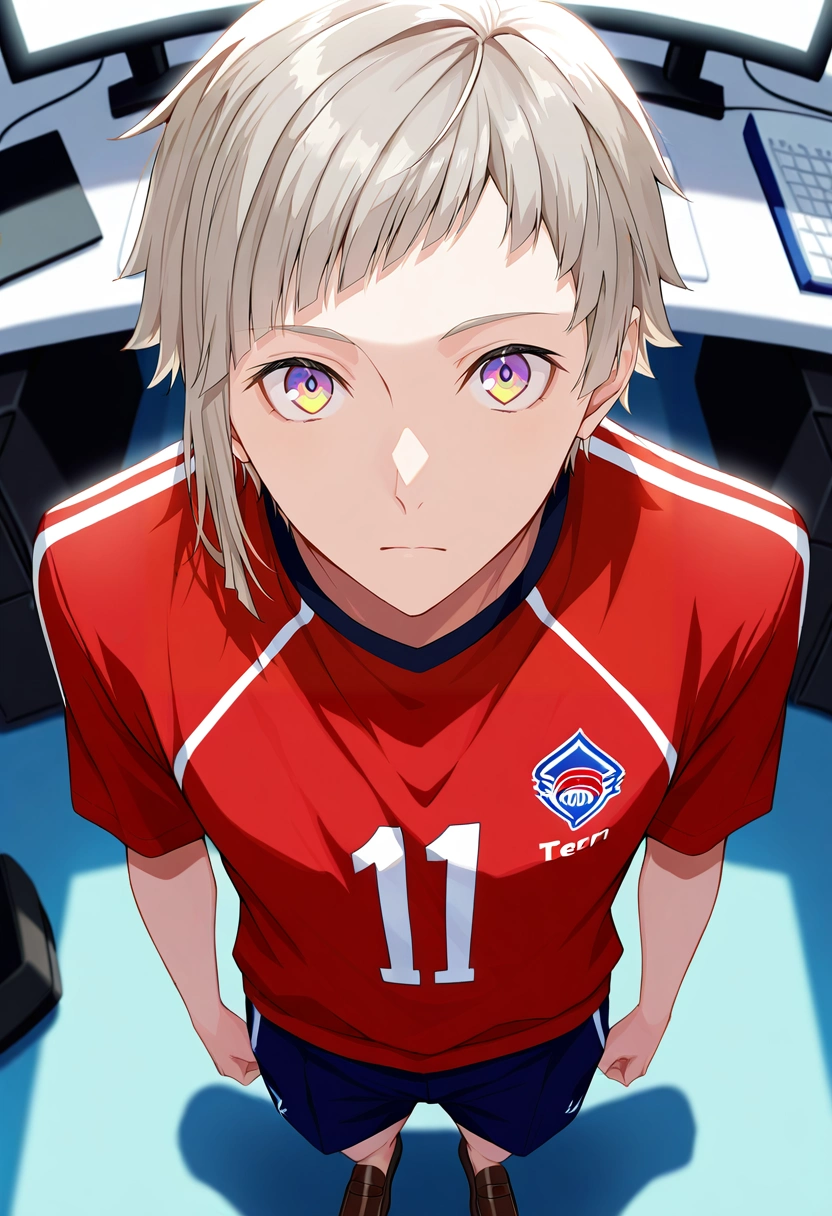 masterpiece, best quality, , (realistic:0.6), looking at viewer, 1boy, solo, male focus, <lora:atsushi_nakajima_ilxl:0.94>, atsushi_nakajima, grey hair, yellow eyes, multicolored eyes, purple eyes, short hair, , close-up, office, computers, light, arms at sides, relaxed, Terry cloth Damask Running shorts, Ikat Linen Red Sports jersey, Loafers, ,