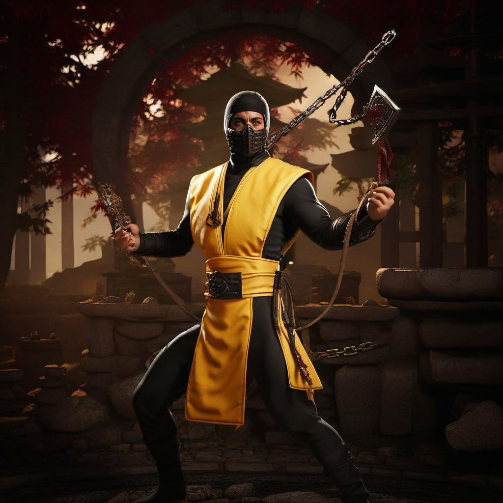 cinematic photo a full body ninja 1boy with a mask, white eyes, a blade attached to a chain, standing a a chinese temple in ruins  <lora:Scorpion1995-1024:0.8> . 35mm photograph, film, bokeh, professional, 4k, highly detailed