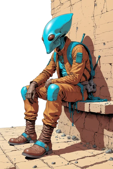 (Pencil drawing:1.7), Moebius (Jean Giraud) Style - A picture by Jean Giraud Moebius, the picture shows a brown and cyan alien bounty hunter, relaxing pose, leaning on wall, drawing, futuristic pueblo western backdrop in Moebius' signature style with sharp detailing and vibrant colors. Captured with a Panavision Panaflex Gold II and an Ultra Panavision 70 lens, the image is full of film grain and low - key lighting that creates a mysterious and intense atmosphere., color drawing, graphite drawing, (pencil strokes), light color, visible paper texture, colored pencil art