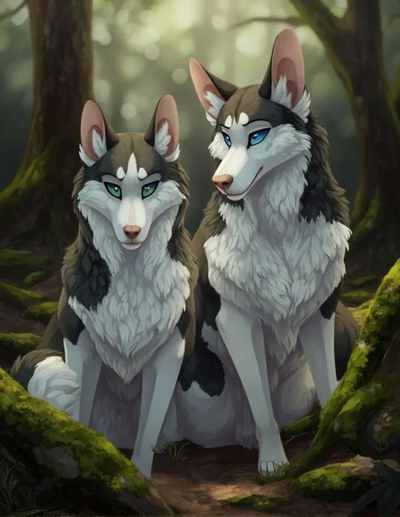 <lora:ck-LttleGhost-000011.safetensors:1> in the style of ck-lttlegh0stTwo Siberian Huskies sit peacefully in a serene forest setting, their fluffy fur and piercing blue eyes captivating the viewer. The soft lighting and mossy surroundings create an atmosphere of calm companionship, capturing the essence of contemporary nature photography.
