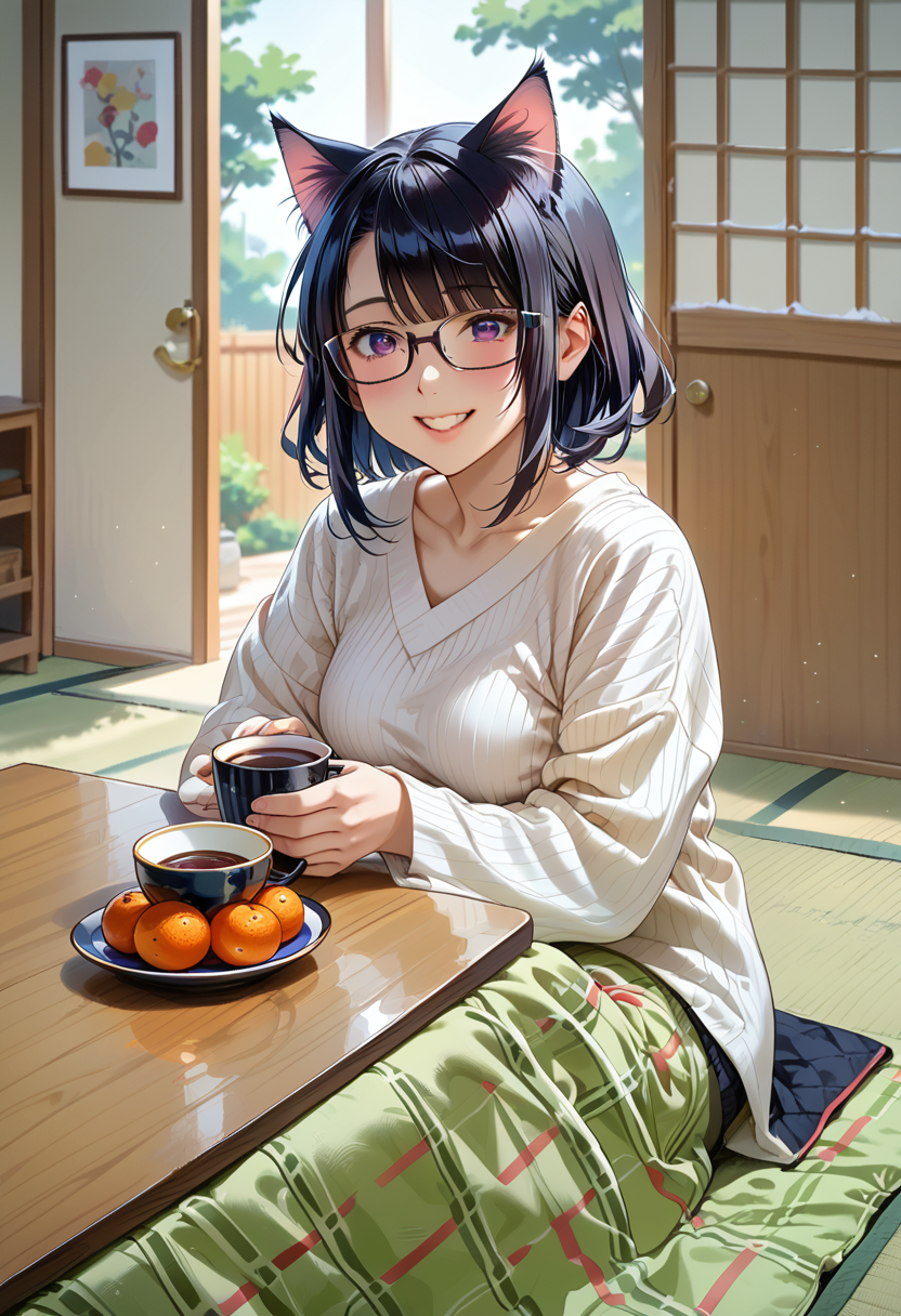 score_9, score_8_up, score_7_up, rating_safe, masterpiece, best quality, absurdres, unity 8k wallpaper, official art, official style, source_anime, uncensored, game cg, megami magazine, ultra delicate hair, 
1girl, glasses, black hair, medium hair, medium breasts, white ribbed sweater, sitting, happy, smile, looking at viewer, 
 (kotatsu:1.2), mandarin orange, sliding doors, tatami, indoors, cat, coffee mug, 
 <lora:kotatsu_pony_V1:1.2>