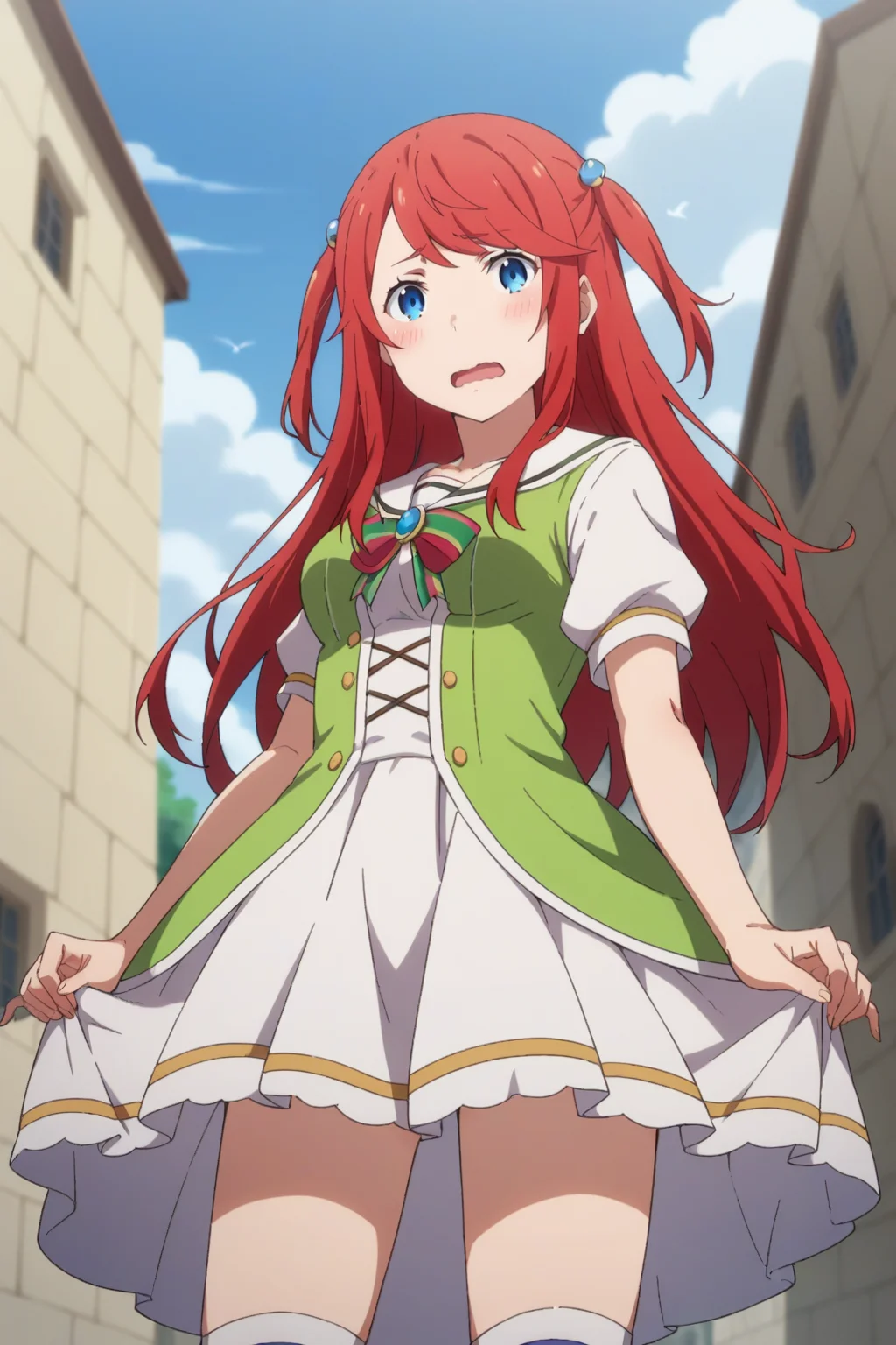 score_9, score_8_up, score_7_up, source_anime, 1girl, prefect lighting, very aesthetic, intricate details, highly detailed background, masterpiece, high quality, prefect hands, best quality, solo,
<lora:Theresia_van_Astrea_ReZero_V1:.85>, KJOtheresia, red hair, blue eyes, long hair, swept bangs, two side up,
school uniform, blue pleated skirt, kneehighs, short sleeves,
from below, skirt lift, looking at viewer, wavy mouth, blush, embarrassed, open mouth,
outdoors, medieval city, smoke, gray sky,
(Beautiful, medium Breasts:1.2), natural breasts,