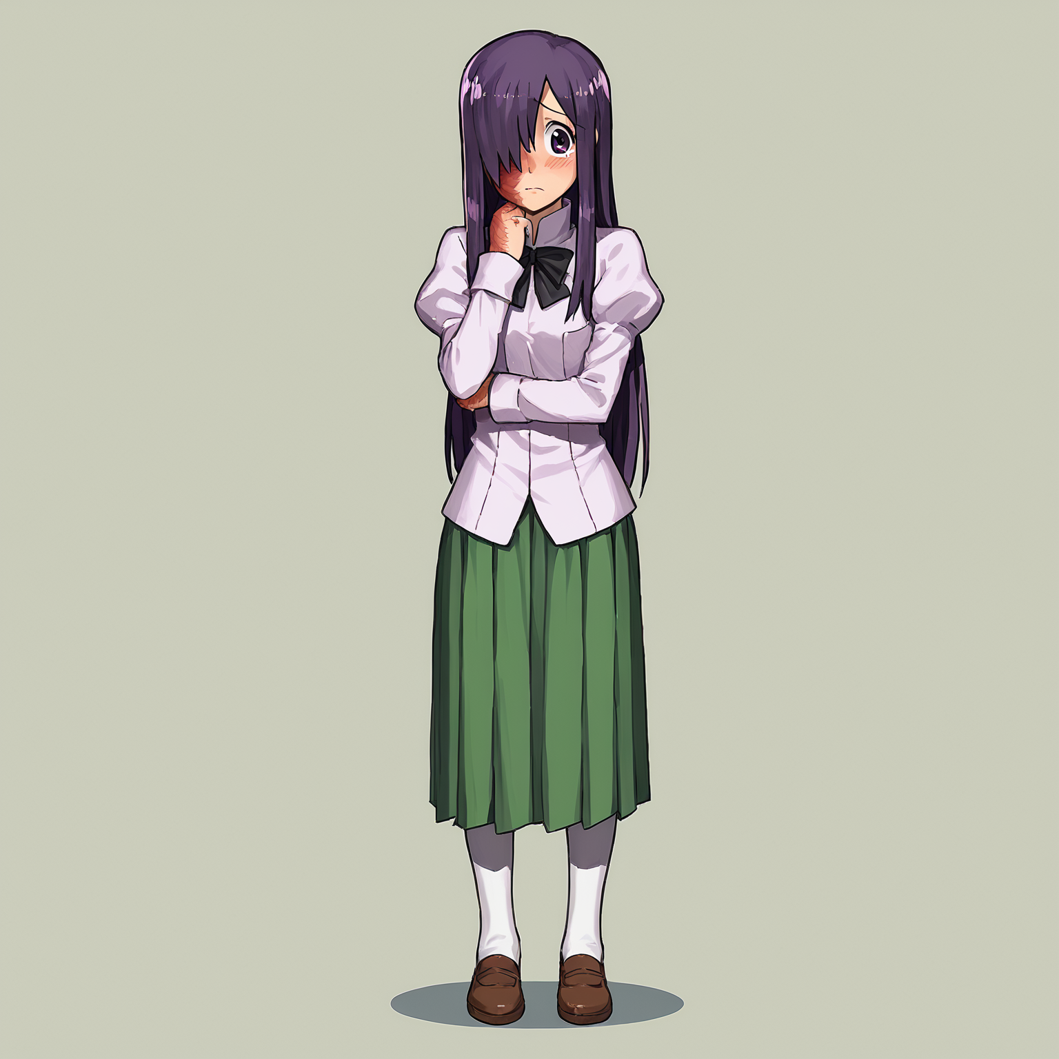 score_9, score_8_up, score_7_up,
BREAK
1girl, solo, standing, looking at viewer, full body, 
<lora:Katawa_Shoujo_charpack-000010:1>, katawa shoujo, yamaku high school uniform, 
ikezawa hanako, long hair, hair over one eye, purple hair, purple eyes, burn scar, 
shy,
