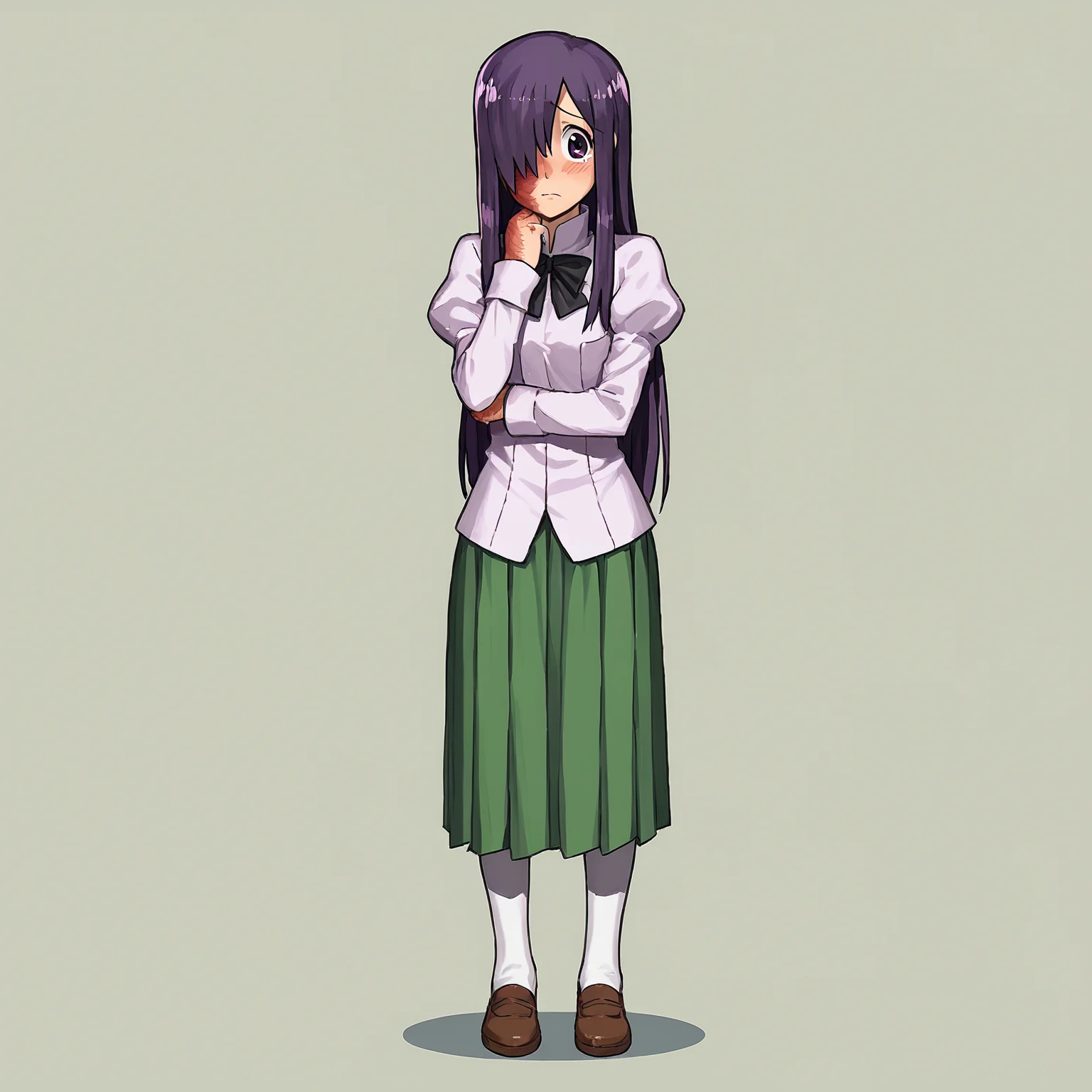 score_9, score_8_up, score_7_up,
BREAK
1girl, solo, standing, looking at viewer, full body,
<lora:Katawa_Shoujo_charpack-000010:1>, katawa shoujo, yamaku high school uniform,
ikezawa hanako, long hair, hair over one eye, purple hair, purple eyes, burn scar,
shy,