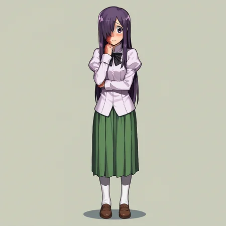 score_9, score_8_up, score_7_up,
BREAK
1girl, solo, standing, looking at viewer, full body,
<lora:Katawa_Shoujo_charpack-000010:1>, katawa shoujo, yamaku high school uniform,
ikezawa hanako, long hair, hair over one eye, purple hair, purple eyes, burn scar,
shy,
