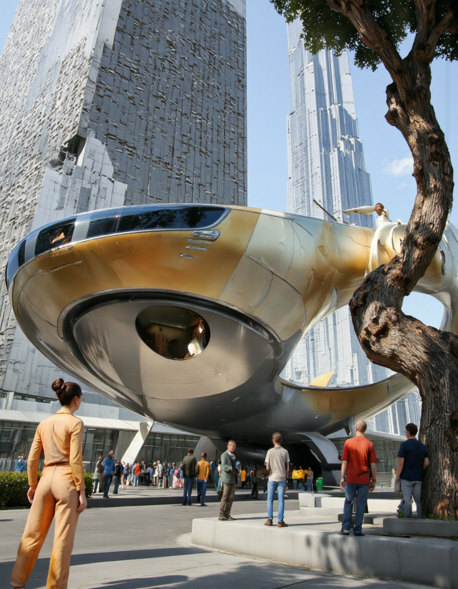 Art by Andrian Luchian. A futuristic, sci-fi scene from a far camera angle, depicting a futuristic cityscape with tall buildings and a large tree in the foreground. the scene is set in a futuristic, high-tech environment, with a large, metallic spaceship parked in the middle of the image. the spaceship has a sleek, modern design with a golden exterior and a blue stripe running along the side. on the left side of the scene, a woman in a yellow outfit stands with her back to the viewer, looking out over the cityscape. she appears to be a adult, with her hair styled in a bun. she is wearing a pink outfit and has a serious expression on her face. to her right, a man in a red shirt and blue jeans is standing with his back turned, looking at the woman in the tree. to his left, a group of people are standing around the spaceship, some of them are wearing casual clothing. to the right of the woman, a few men are standing with their backs to the camera. they are all wearing casual clothes and appear to be engaged in conversation. in the background, there are tall, modern skyscrapers and a clear blue sky with a few clouds. the overall atmosphere is one of a bustling, bustling cityscape, with the futuristic setting providing a sense of depth and atmosphere.