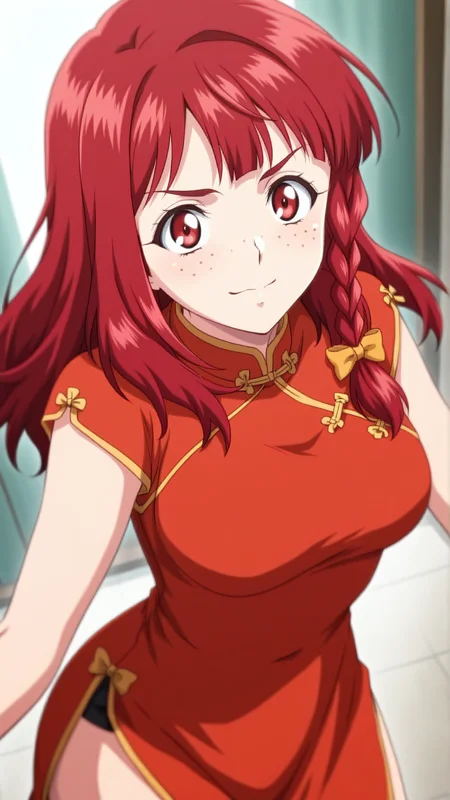 source_anime, general, best quality, masterpiece, 1girl, <lora:Rosalie_Serue_ill_v1.0:1> rosalie_serue\(srw\), red eyes , red hair, freckles,braid, long hair, side braid, hair bow, china dress, dutch angle, dynamic pose,