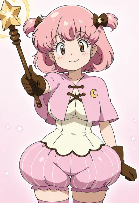 masterpiece, best quality, solo, curvy, beautiful eyes, narrow waist, large breasts, 1girl, solo, smile, looking at viewer, zzMomo, brown eyes, short hair, pink hair, hair bow, two side up, hair ornament, hair ribbon, capelet, white shirt, brown gloves, puffy shorts, pink thighhighs, zettai ryouiki, ,<lora:MomoByKurumiErika_IXL:1.0>, , smile, looking at viewer, cowboy shot, <lora:CitronKuroStyle_IXL:0.8>, magical girl, wand, magic, peaches, magicial background, foreshortening, <lora:CuteRetroStyle_IXL_v1:1.0>,