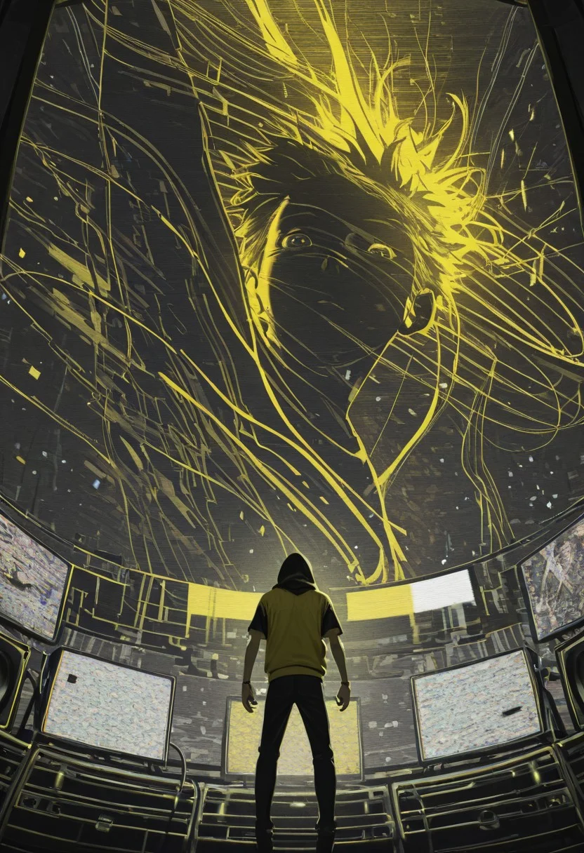 <lora:Layout1_IL:0.7> layout1, masterpiece, best quality, amazing quality, very aesthetic, absurdres, newest, lines, screen, glitch, huge speaker at the center, ring of neon light, sound wave, sound lines, masterpiece, best quality, pose, dynamic angle, dynamic shot, 1boy, solo, (mature:1.2), hood, short sleeve, hoodie, black face, poster art, abstract, collage, (random textures, glitch effect:1.2), yellow and black color palette, soft lighting, limited palette, (glitch:1.4), gltich background, male, 2.5D,