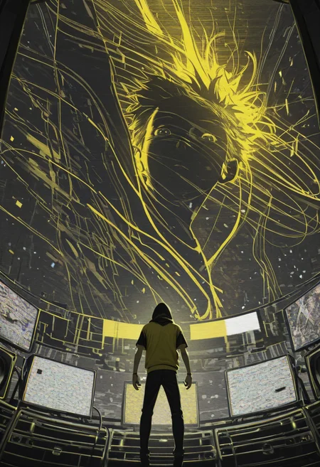 <lora:Layout1_IL:0.7> layout1, masterpiece, best quality, amazing quality, very aesthetic, absurdres, newest, lines, screen, glitch, huge speaker at the center, ring of neon light, sound wave, sound lines, masterpiece, best quality, pose, dynamic angle, dynamic shot, 1boy, solo, (mature:1.2), hood, short sleeve, hoodie, black face, poster art, abstract, collage, (random textures, glitch effect:1.2), yellow and black color palette, soft lighting, limited palette, (glitch:1.4), gltich background, male, 2.5D,