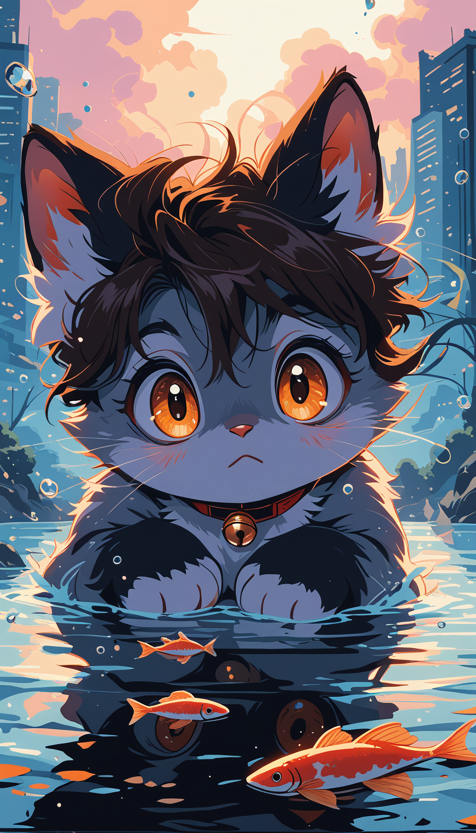masterpiece, Shinkaistyle,
pinkretroanime, retro art,
Cyberpunk Style, cyberpunk, science fiction, hi tech, future tech, neon, (Cybernetics:1.25), (Neon Cityscape:1.4), (lineless:1.5), smooth edges, (lighten the face:1.5), tall body, slender body, fit body, long legs, In the given image, a cartoon-style cat with striking black and white fur is the central figure. The cat, adorned with a vibrant red collar and bell, stands on two legs in a pond filled with glistening orange leaves. Its tail, as fluffy as a cloud, adds to its feline charm. The cat's eyes gaze directly into the camera, giving an impression of curiosity or perhaps contemplation. The background is a picturesque autumn scene, painted with the colors of fall. The trees are ablaze with hues of orange and red, their leaves forming a carpet beneath the cat. A light mist hovers in the air, adding a dreamy quality to the scene. Scattered across the water's surface are fallen leaves, further enhancing the autumnal theme. The overall atmosphere of the image is serene and autumnally warm, capturing a moment of tranquility in nature. The cat's presence adds a touch of whimsy, creating an interesting contrast with the natural beauty around it., solo, looking at viewer, blush, short hair, bangs, brown hair, black hair, 1boy, animal ears, hair between eyes, brown eyes, closed mouth, tail, full body, yellow eyes, male focus, outdoors, sky, cloud, cat ears, water, wet, cat tail, orange eyes, animal ear fluff, dutch angle, no humans, :3, ocean, animal, frown, cat, thick eyebrows, cloudy sky, child, :<, furry, 1other, partially submerged, backlighting, reflection, fish, bubble, sunset, wide-eyed, water drop, furry male, male child, body fur, animal focus, white fur, splashing, straight-on, ripples, animal nose, twilight, evening, whiskers, swimming, brown fur, two-tone fur, cat boy, orange sky, goldfish, black fur, fluffy, pawpads, grey fur, reflective water, partially underwater shot, orange fur, fish print, multicolored fur, koi