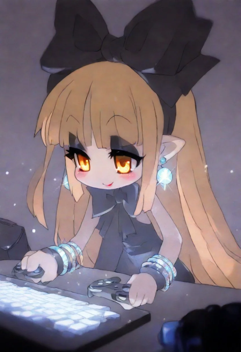 masterpiece, best quality, good quality, very aesthetic, absurdres, newest, 8K, detailed anime, depth of field, focused subject, vibrant colours, anime, BREAK front portrait of mage \(disgaea\), drunk, happy 1girl, mage \(disgaea\), blonde hair, golden eyes, long hair, big headband, side big bow, (makeup), ((lipstick)), ((eyeshadow)), ((long eyelashes)), mascara, sleeveless shirt, sparkly bracelets, ((multiple bracelets)), flash bracelets, (sparkly earrings, loop earring, silver earring)), sexy face, (handbag), playing on a gaming computer with 3 monitors, holding a game controller