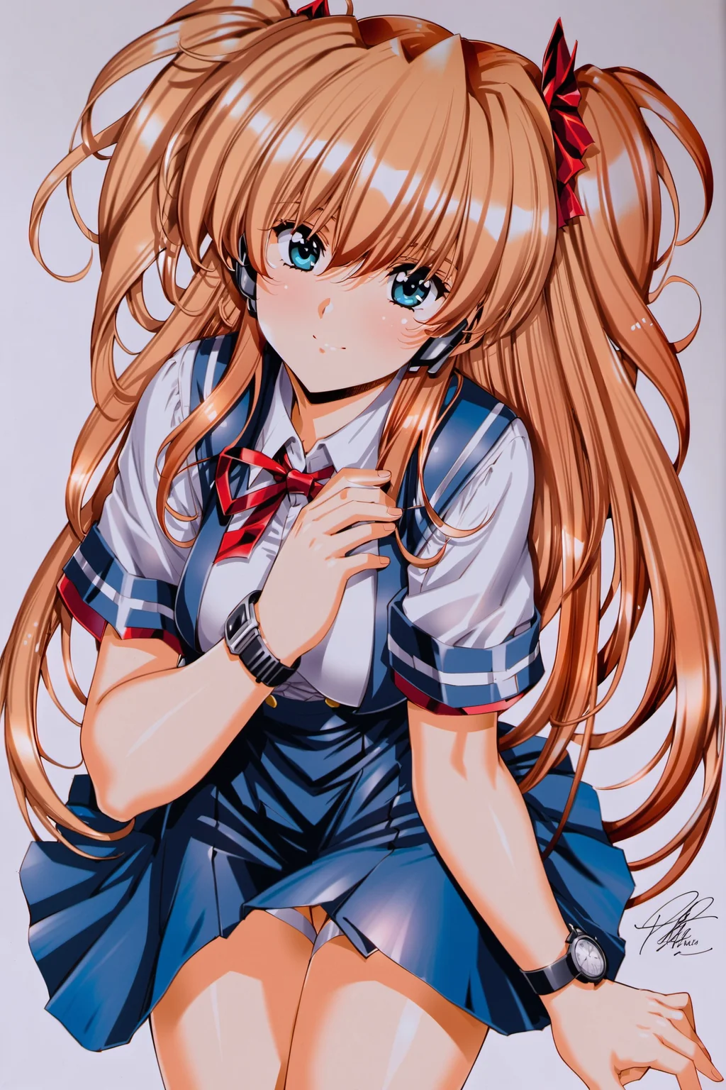 watch, wristwatch, 1girl, souryuu asuka langley, solo, long hair, school uniform, blue eyes, smile, white background, ribbon, shirt, simple background, own hands together, orange hair, short sleeves, skirt, red ribbon, neck ribbon, white shirt, bangs, hair between eyes, looking at viewer, tokyo-3 middle school uniform, signature, closed mouth, two side up, hair ornament, suspender skirt, interface headset, suspenders, traditional media, cowboy shot, interlocked fingers, blue skirt,<lora:Urushihara Satoshi_XL:0.8>