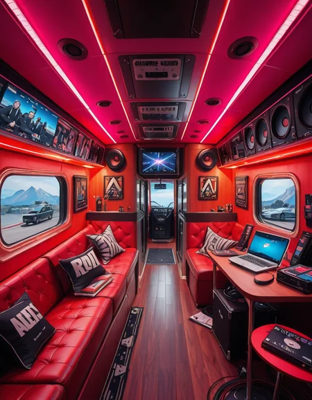 The interior of a modern RV customized for a rock band on tour. The space is stylish and lived-in, filled with musical gear like guitar cases, amps, and a drum pad. There are leather couches, a small kitchenette with snacks and energy drinks, and a cluttered table with laptops, cables, and setlists. A narrow hallway leads to sleeping bunks with personal items like headphones, books, and clothes tossed around. The lighting is warm with LED strips in red and purple tones, giving it a cozy but edgy atmosphere. A small TV displays concert footage, and speakers are mounted on the ceiling. The whole scene feels energetic, artistic, and chaotic in a creative way. Realistic style, rich colors, and highly detailed environment.
<lora:SDXLFaeTastic2400:0.4> <lora:extremely_detailed:0.4> extremely detailed ,r0ck b4nd rv <lora:r0ck_b4nd_rv-i:1>, Masterpiece,best quality,hi res,8k,hi res,8k,award winning,(sharp focus, intricate, highly detailed),