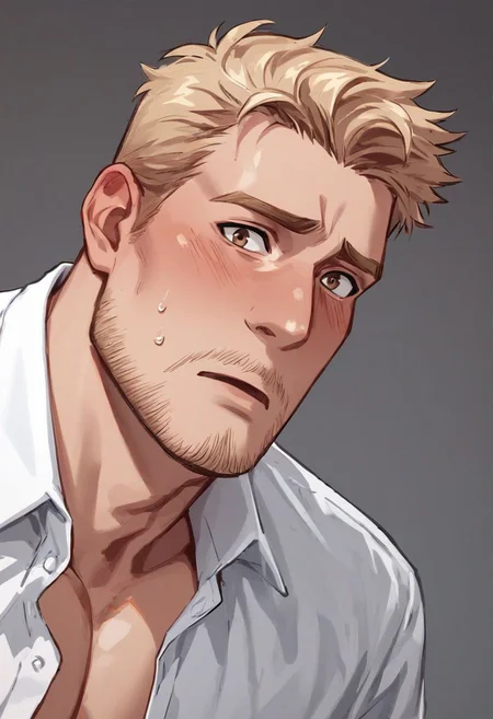 score_9, score_8_up, score_7_up, solo male, Reiner Braun, blond hair, short hair, flat hair (facial hair, stubble:1.1), hazel eyes, thin eyebrows, tall, white collared shirt, (open shirt:1.1), bare neck, bare chest, handsome, charming, alluring, (portrait, close-up:1.2), shy, blush, surprised, embarrassed, sweaty, upper body, perfect anatomy, perfect proportions, best quality, masterpiece, high_resolution, cowboy shot, photo background, (perfect face, perfect eyes:1.3)