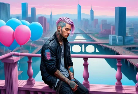 anime, a man with tattoos on his face rested on the railing of a bridge, city day, holiday, pink and blue balloons, a bridge with wooden columns and arches, a wooden floor ,(((light silver hair))),
a couple of large buildings, pink background, day, tall buildings, cyberpunk, cyberpunk art, retrofuturism<lora:Cyberpunk _Anime_sdxl:1.0>, vfx environment, ambient occlusion, highlights, corect eyes, black jacket with bedding,(((high - rise buildings)))