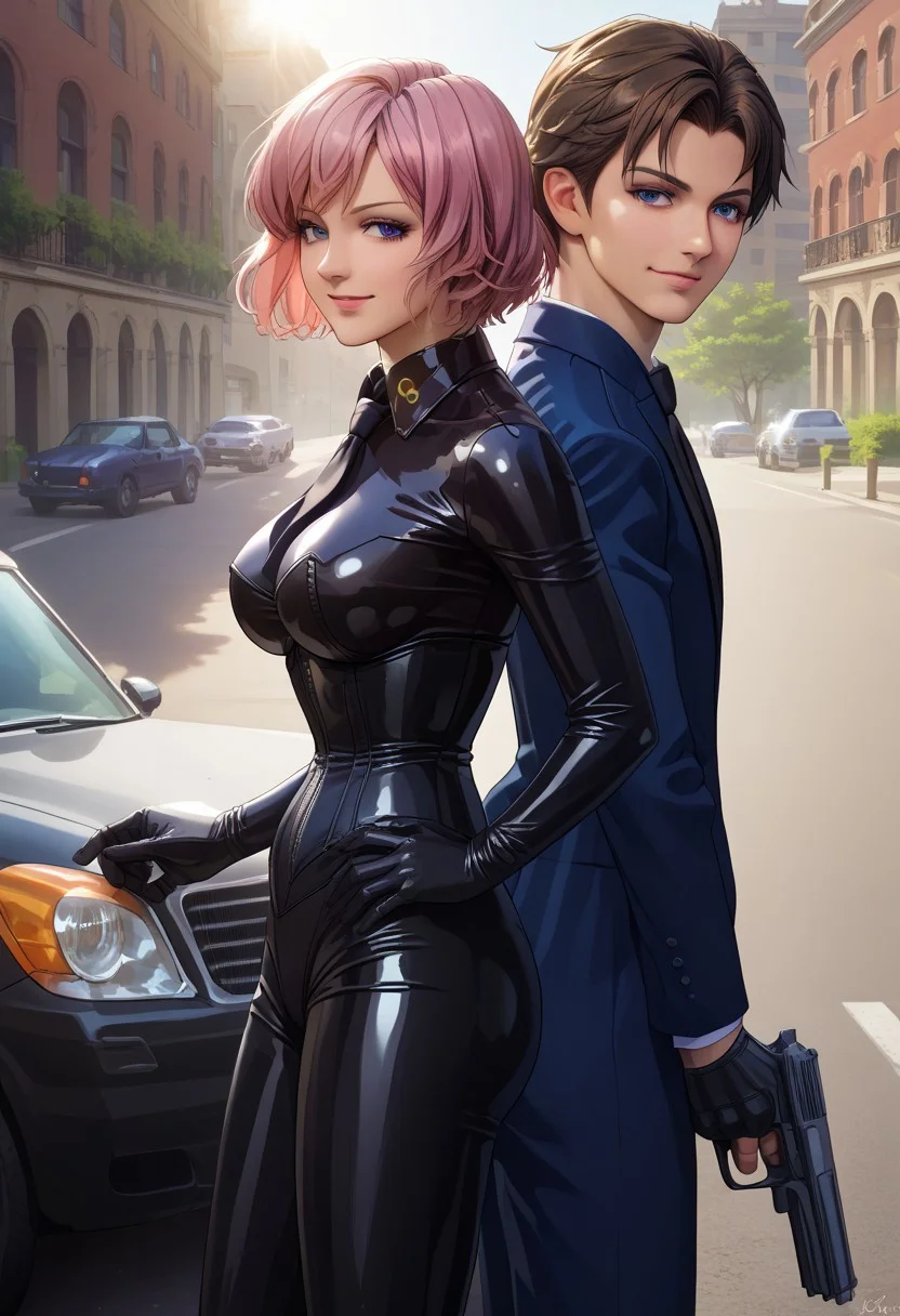 back-to-back, from side, cowboy shot, outdoors, car, street, sunlight,
BREAK 1boy, gun, brown hair, blue eyes, short hair, blue suit, black necktie, blue pants,
BREAK 1girl, elegant, pink hair, purple eyes, glossy, shiny, black bodysuit, ExtrCorset, closed body suit, latex leggings, latex gloves, collar, large breasts, seductive smile.