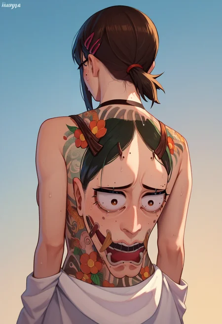 score_9, score_8_up, score_7_up, hannya tattoo, back tattoo, 1girl, <lora:Hannya tattoo-000008:1> higashiyama kobeni,