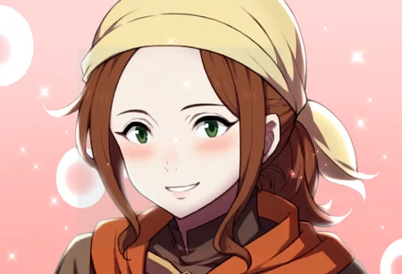 score_9, score_8_up, score_7_up, source_anime, BREAK, solo, 1girl, smile, looking at viewer, <lora:FEA-S-Rank-pdxl_Fp:1>, pink background, sparkle, bubble, <lora:Fates-villager-maiden-pdxl_Fp:1>, fatesvillagemaiden, ponytail, bandana, brown hair, green eyes, brown shirt, long sleeves, neckerchief, blush