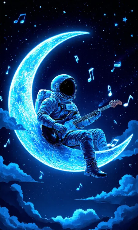 illustration in a whimsical, surreal style. The central figure is a spaceman, depicted in a realistic, astronaut suit with a helmet, gloves, and boots. He is sitting on a crescent moon, which dominates the upper left quadrant of the image and glows a bright, ethereal blue. The moon's surface is textured, with small craters and a slightly rough texture. The spaceman is playing an electric guitar, which is also glowing with a vibrant blue light, adding to the magical ambiance. 
Surrounding the moon and spaceman, the night sky is filled with stars, some small and scattered, others larger and brighter, creating a starry backdrop. The background is predominantly deep blue, with occasional patches of darker shades, adding depth and contrast to the scene. A few small clouds are visible at the bottom of the image, blending seamlessly into the dark blue of the sky, enhancing the dreamy atmosphere. 
Floating music notes, also glowing blue, are scattered around the spaceman, suggesting he is playing a space-themed tune. The overall composition is dynamic and playful, blending elements of fantasy and space exploration, creating a visually captivating and imaginative scene., aidmaimageupgrader, aidmaMJ6.1