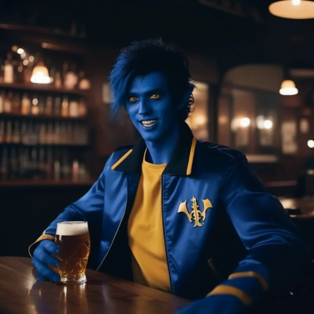 cinematic photo a full body man with blue body paint, yellow eyes, blue devil tail, blue hands, vintage baseball jacket and pants, having a beer in a pub <lora:NightCrawler1024:0.9> . 35mm photograph, film, bokeh, professional, 4k, highly detailed