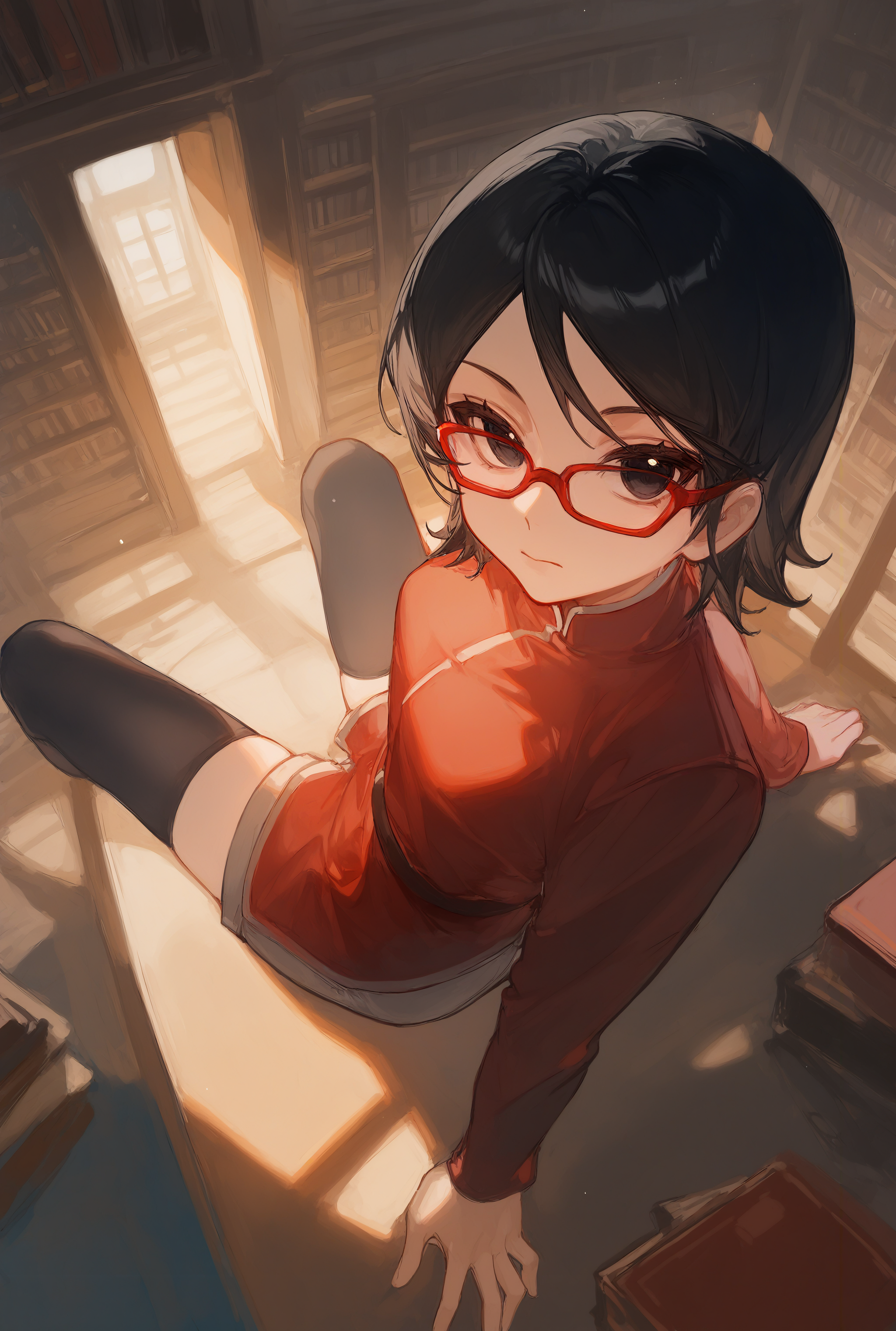 1girl, uchiha sarada, sensitive, library, indoors, sitting, legs on table, from above, dutch angle, looking at viewer, short hair, outstretched legs, black thighhighs, black eyes, solo, bookshelf, glasses, book, thighhighs, black hair, red-framed eyewear, book stack, long sleeves, closed mouth, bangs, jacket, jewelry, shorts, window, sunlight, arm support, ciloranko, masterpiece, best quality, very awa, newest, absurdres, highres, <lora:ponyv5_noobV065S_1_adamW-000013:1.00>