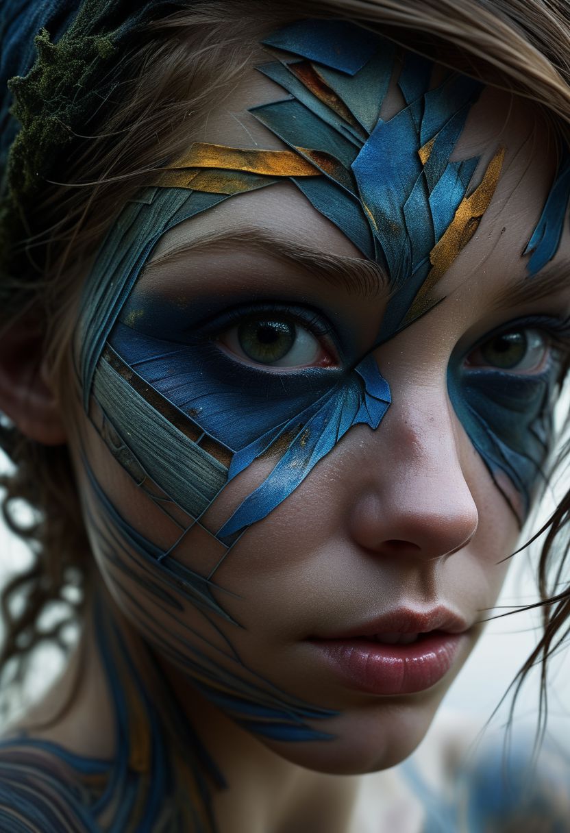 Close-up face, mysterious silhouette of a scottish girl in worn down clothing, goddess, alluring, by Minjae Lee, Carne Griffiths, Emily Kell, Steve McCurry, Geoffroy Thoorens, Aaron Horkey, Jordan Grimmer, Greg Rutkowski, amazing depth, double exposure, surreal, geometric patterns, intricately detailed, bokeh,  perfect balanced, deep fine borders, artistic photorealism , smooth,  great masterwork by Suiras  <lora:add-detail-xl:2>  <lora:Double_Exposure:0.5>