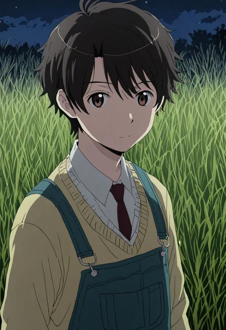 high resolution, solo, best quality, 1Boy, Inaho Kaizuka, Black Hair, Brown Eyes, grass, middle night, OverallDetail