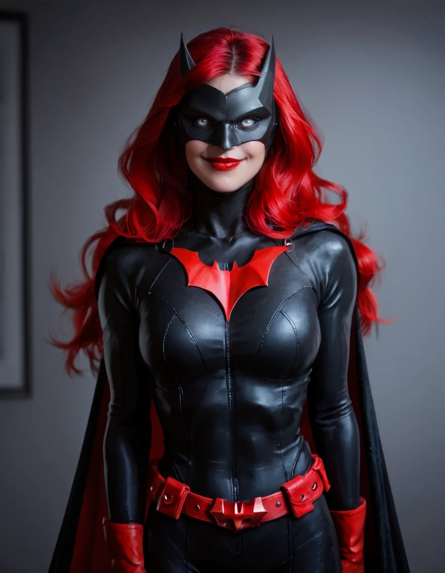 score_9, score_8_up, score_7_up,
1girl, Kate Kane, pale skin, long hair, red hair, upper body,smile, breasts, black bodysuit, lipstick, mask, white sclera, white eyes, bat cape, red bat gloves, red belt, blur bedroom <lora:Batwoman:0.7>