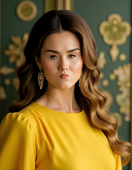 petite (ral-smlfcs:1.1) , feeling worried, she is wearing [Qin Dynasty|Ecuadorian] Maxi dress, her Maxi dress is yellow, her hair is Brunette, background, Ambrotype, <lora:ral-smlfcs-flux-000010:1>, badge, radiant, delicate, holy, lush, contemporary, sharp focus