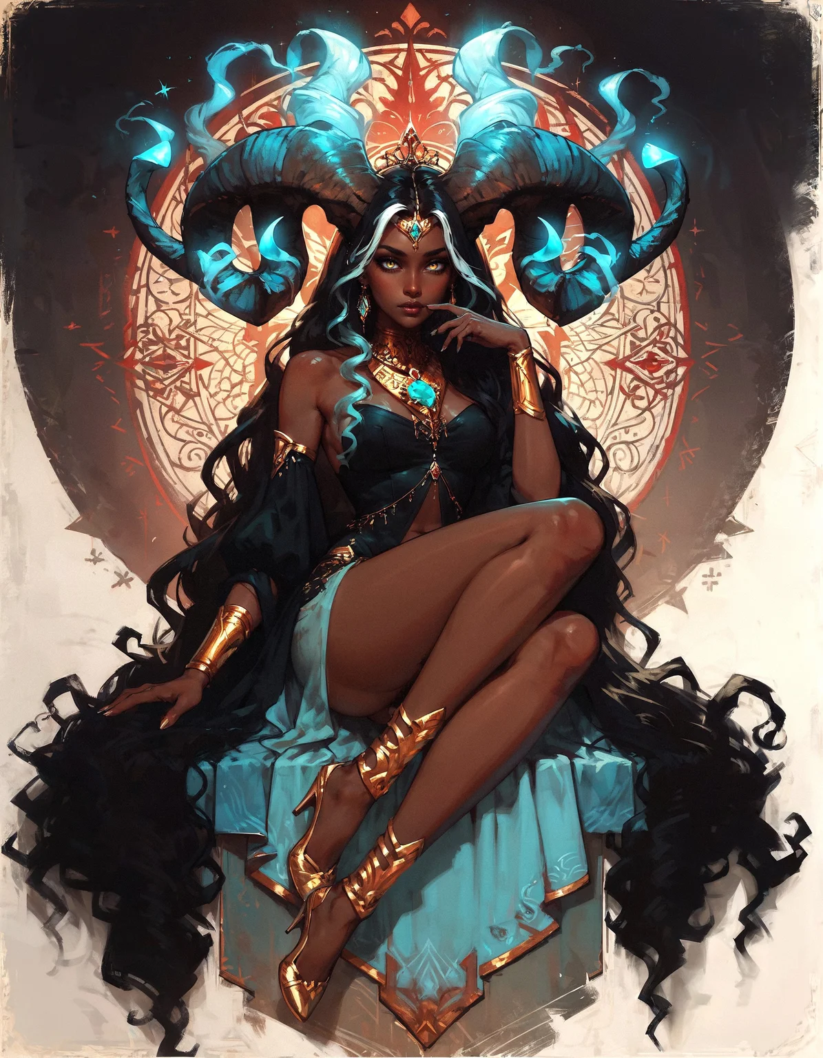 score_9, score_8_up, score_7_up, score_6_up, score_5_up, score_4_up, A regal (queen:1.4) with (Indian heritage:1.3), full body, her (brown skin:1.3) glowing with a soft radiance, sits majestically. pubic hair, She has (gold eyes:1.3) that shimmer with wisdom and power, and her (ivory brown skin:1.4) adds to her ethereal beauty. Her (black hair:1.3) is striking, accented with (white highlights:1.2) that give it a unique and distinguished look. Adorning her head are (turquoise glowing horns:1.3) that spiral gracefully, merging seamlessly with her (ram horns:1.3), creating an awe-inspiring and mystical appearance. Her attire is opulent, with (intricate gold jewelry:1.2) and (traditional Indian garments:1.2) that complement her royal presence. The background is a lavish (palace setting:1.2), rich with (detailed carvings:1.1) and (luxurious decor:1.2), enhancing the queen's majestic aura and the (mystical glow:1.2) of her horns, symbolizing her power and grace.