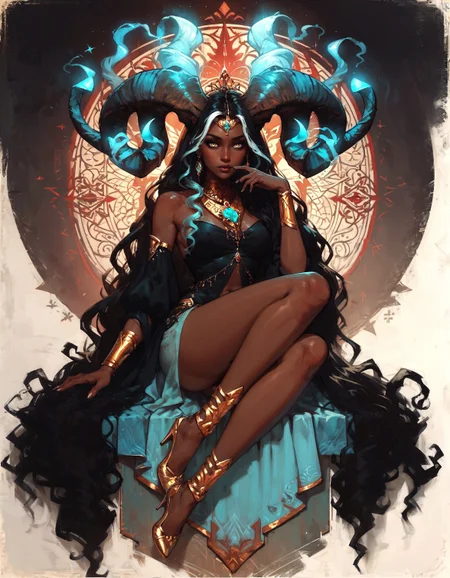 score_9, score_8_up, score_7_up, score_6_up, score_5_up, score_4_up, A regal (queen:1.4) with (Indian heritage:1.3), full body, her (brown skin:1.3) glowing with a soft radiance, sits majestically. pubic hair, She has (gold eyes:1.3) that shimmer with wisdom and power, and her (ivory brown skin:1.4) adds to her ethereal beauty. Her (black hair:1.3) is striking, accented with (white highlights:1.2) that give it a unique and distinguished look. Adorning her head are (turquoise glowing horns:1.3) that spiral gracefully, merging seamlessly with her (ram horns:1.3), creating an awe-inspiring and mystical appearance. Her attire is opulent, with (intricate gold jewelry:1.2) and (traditional Indian garments:1.2) that complement her royal presence. The background is a lavish (palace setting:1.2), rich with (detailed carvings:1.1) and (luxurious decor:1.2), enhancing the queen's majestic aura and the (mystical glow:1.2) of her horns, symbolizing her power and grace.