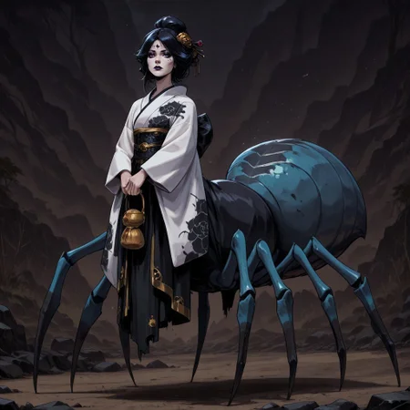 masterpiece, best quality, newest, absurdres, highres, PaintedComic-V5.0, HadesCharacterArtstyle-IL-V1.0, 1girl, asian, kimono, goth, goth makeup, goth girl, white kimono, monster girl, female drider, arthropod girl, spider, spider lower body, human upper body, humanoid upper body, taur, centauroid,