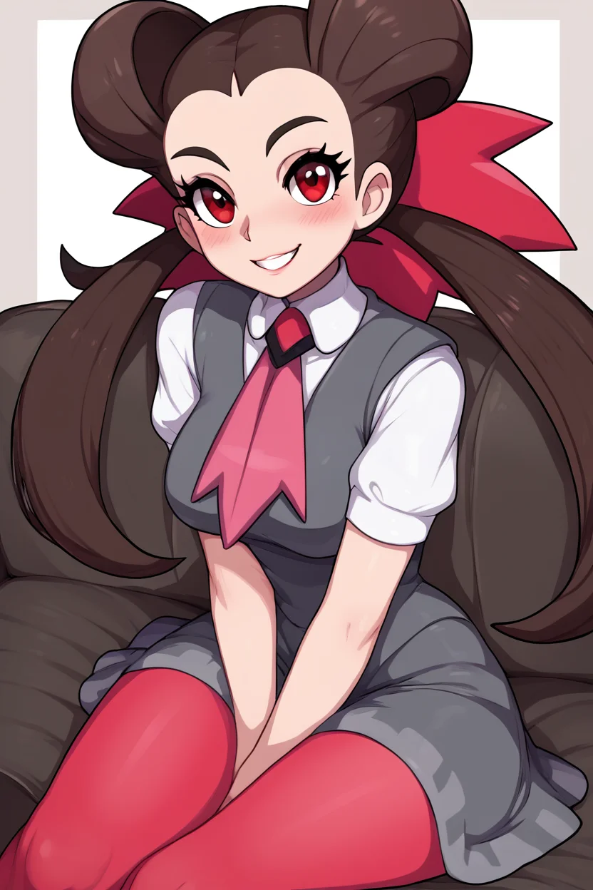 score_9, score_8_up, score_8, medium breasts, (curvy), cute, eyelashes,      ,,,  zzRoxanne, red eyes, long hair, brown hair, twintails, hair pulled back, pantyhose, ascot, grey dress, short sleeves, ribbon, shirt, hair ribbon, <lora:Roxanne_Pokemon_PDXL:1.0> ,,, hand between legs, blush, smug,  ,,,  smile, looking at viewer, blush, blurry, couch, sitting,   ,,, <lora:Afrobull_PDXL_v5:0.8>, ,  ,,, BREAK,   smile, looking at viewer, cowboy shot,   embedding:zPDXL, Expressiveh, <lora:SDXLFaeTastic2400:0.5>,  <lora:Expressive_H-000001:0.4>,