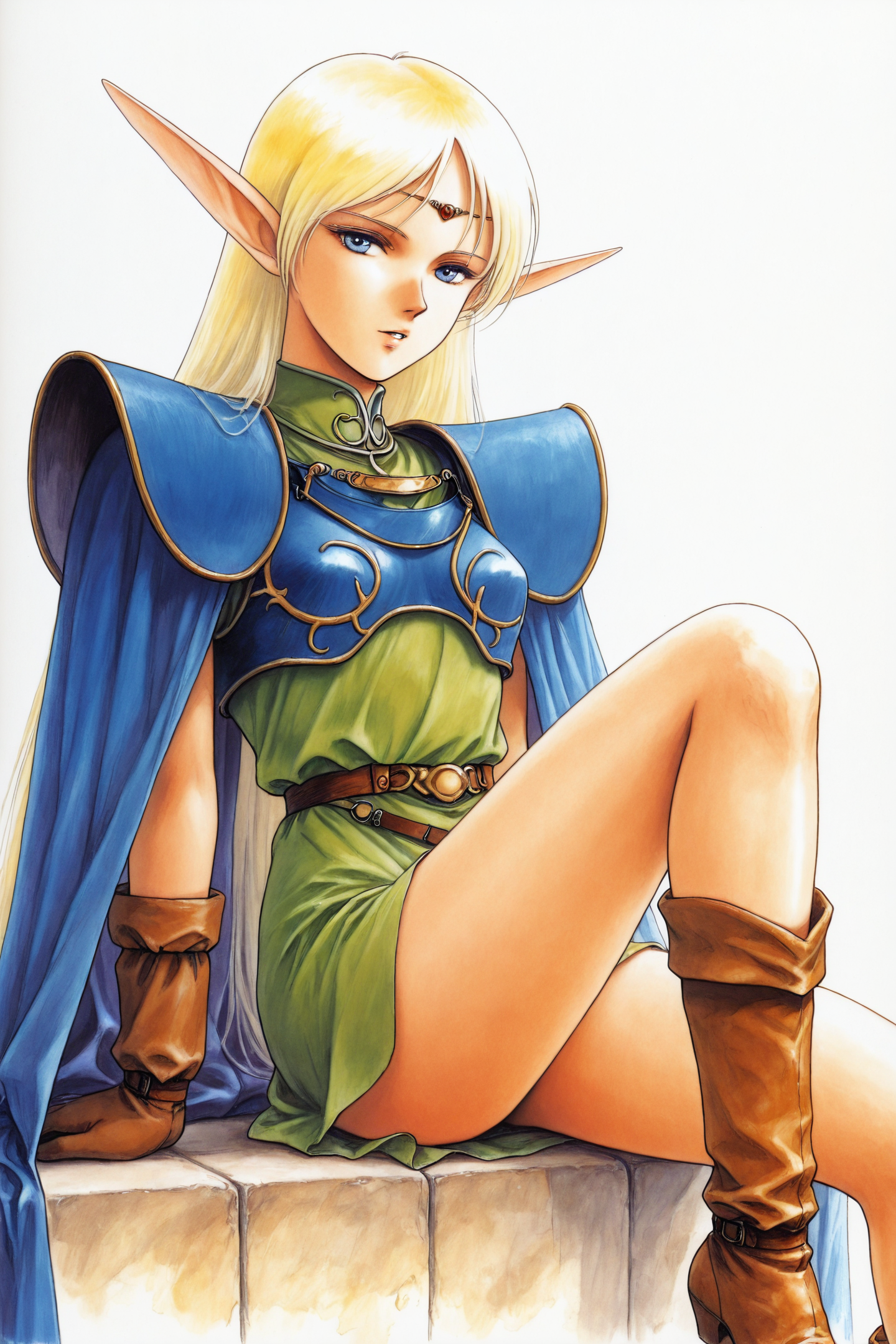1girl,Deedlit,solo,pointy ears,long hair,blonde hair,gloves,elf,cape,blue cape,blue eyes,boots,circlet,very long hair,shoulder armor,parted lips,looking at viewer,white background,retro artstyle,traditional media,sitting,
<lora:Yutaka Izubuchi_illustriousXL:1>,
